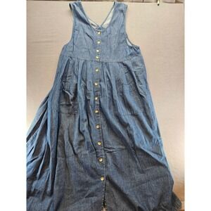 Main Street Blues Vintage Denim Jumper Dress Blue Cotton Button Front Midi Large